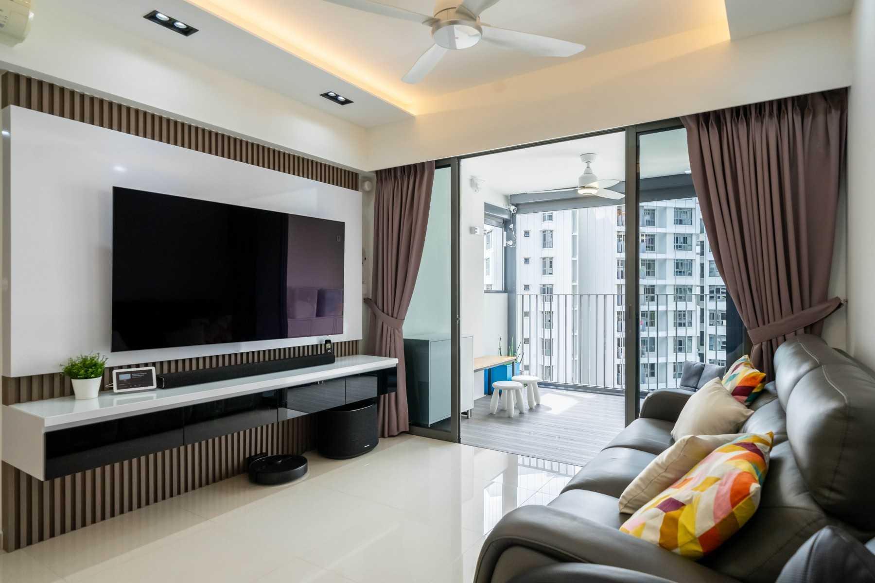 Contemporary Living Room with TV Console and Feature Wall