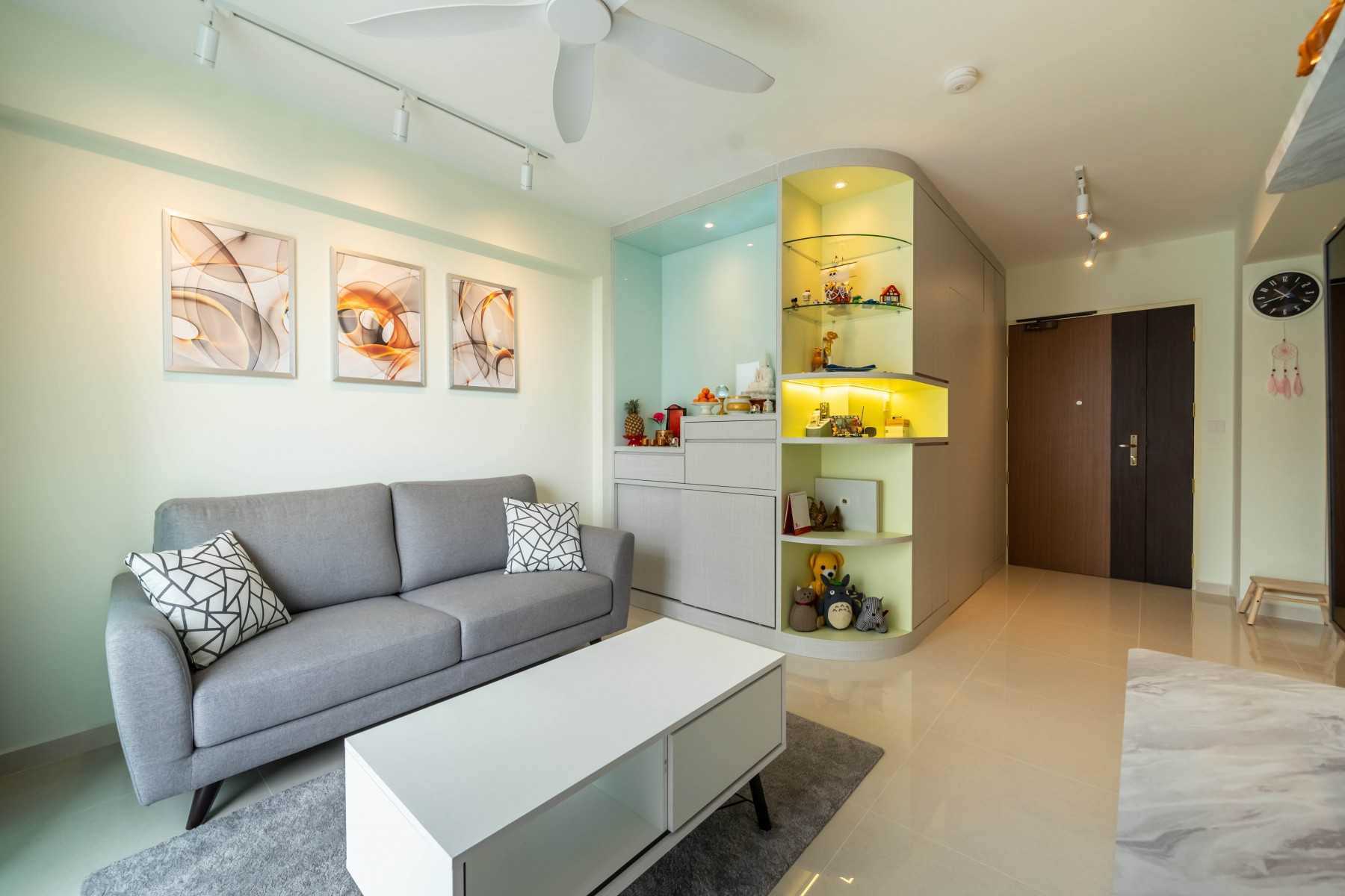 Contemporary Living Room with Homogeneous Tiles and TV Console