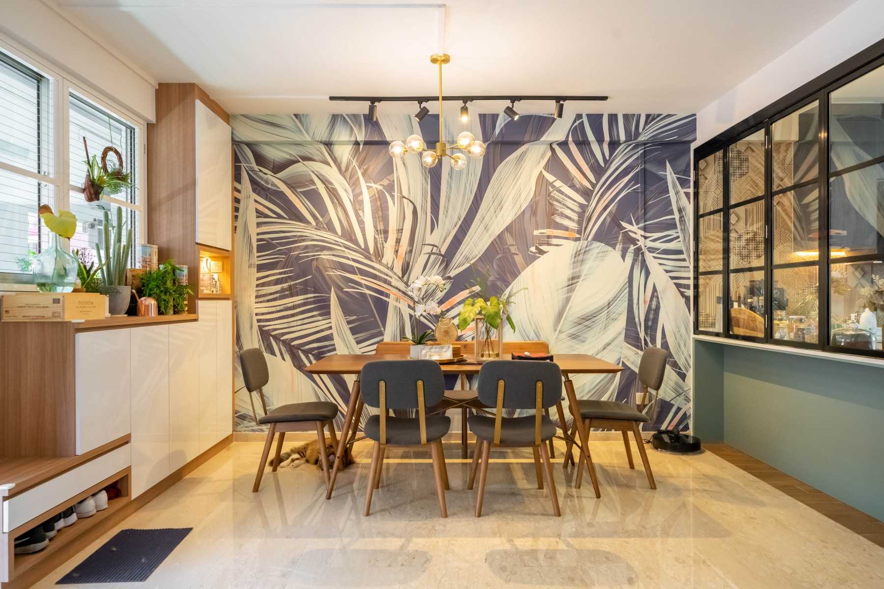 Scandinavian Dining Room with Chandelier and Dining Table