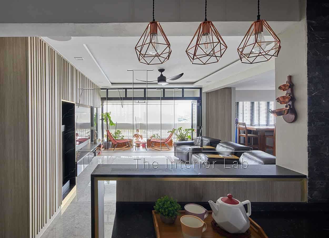 Contemporary Kitchen with Feature Wall and Ceiling Fan