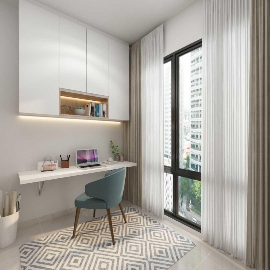 Contemporary Home Office with Wall Shelves and Shelving Units