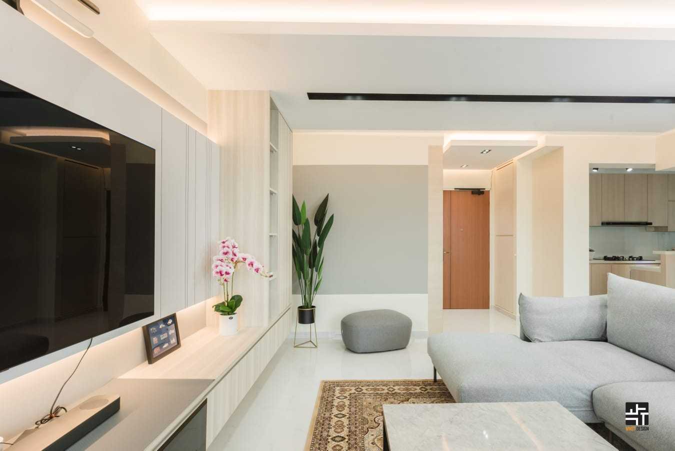 Contemporary Living Room with Homogeneous Tiles and Feature Wall