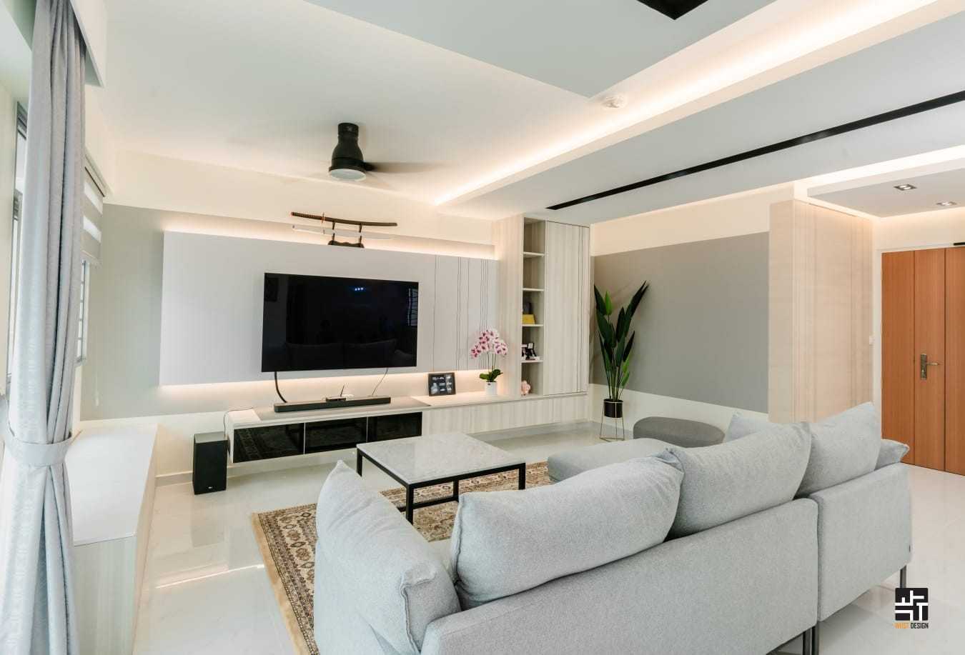 Contemporary Living Room with Homogeneous Tiles and TV Console