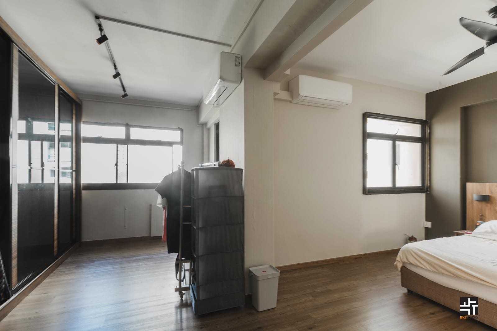 Industrial Bedroom with Vinyl Flooring and Wardrobe
