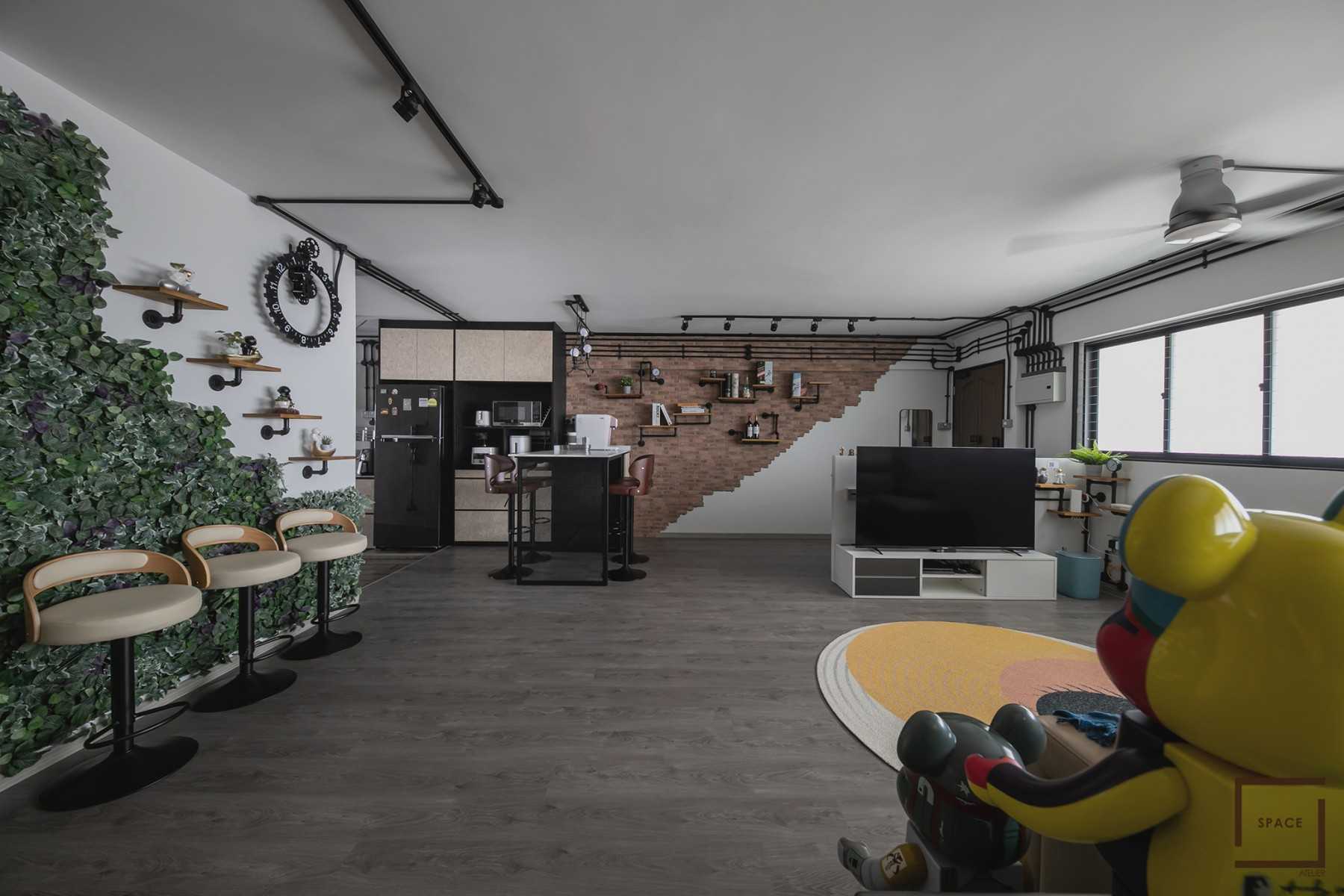 Industrial Living Room with TV Console and Ceiling Light