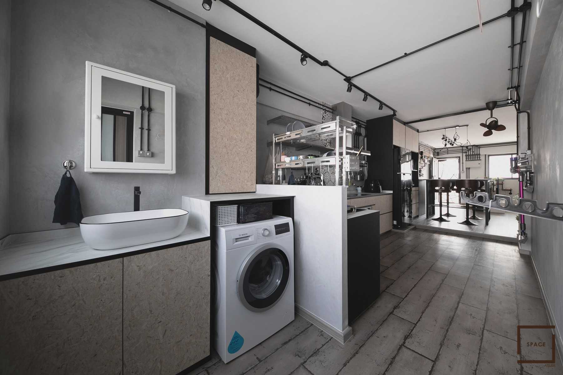 Industrial Kitchen with Kitchen Window and Open Kitchen