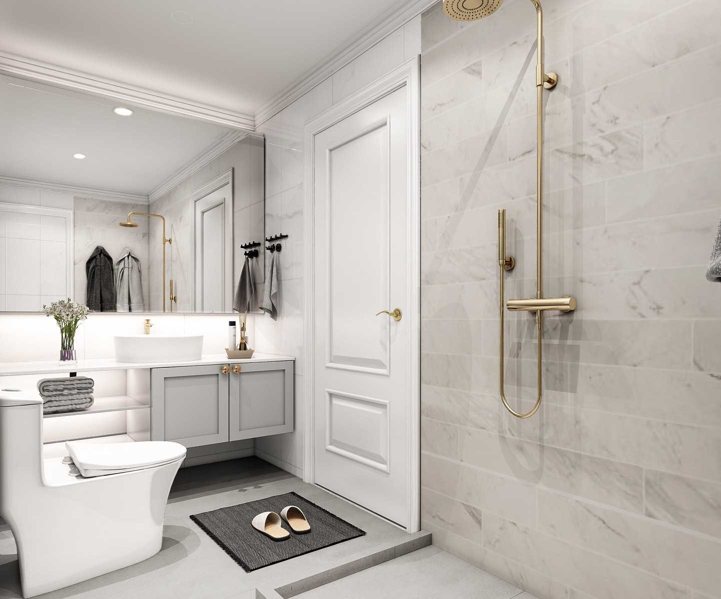 Transitional Bathroom with Homogeneous Tiles and Mirror