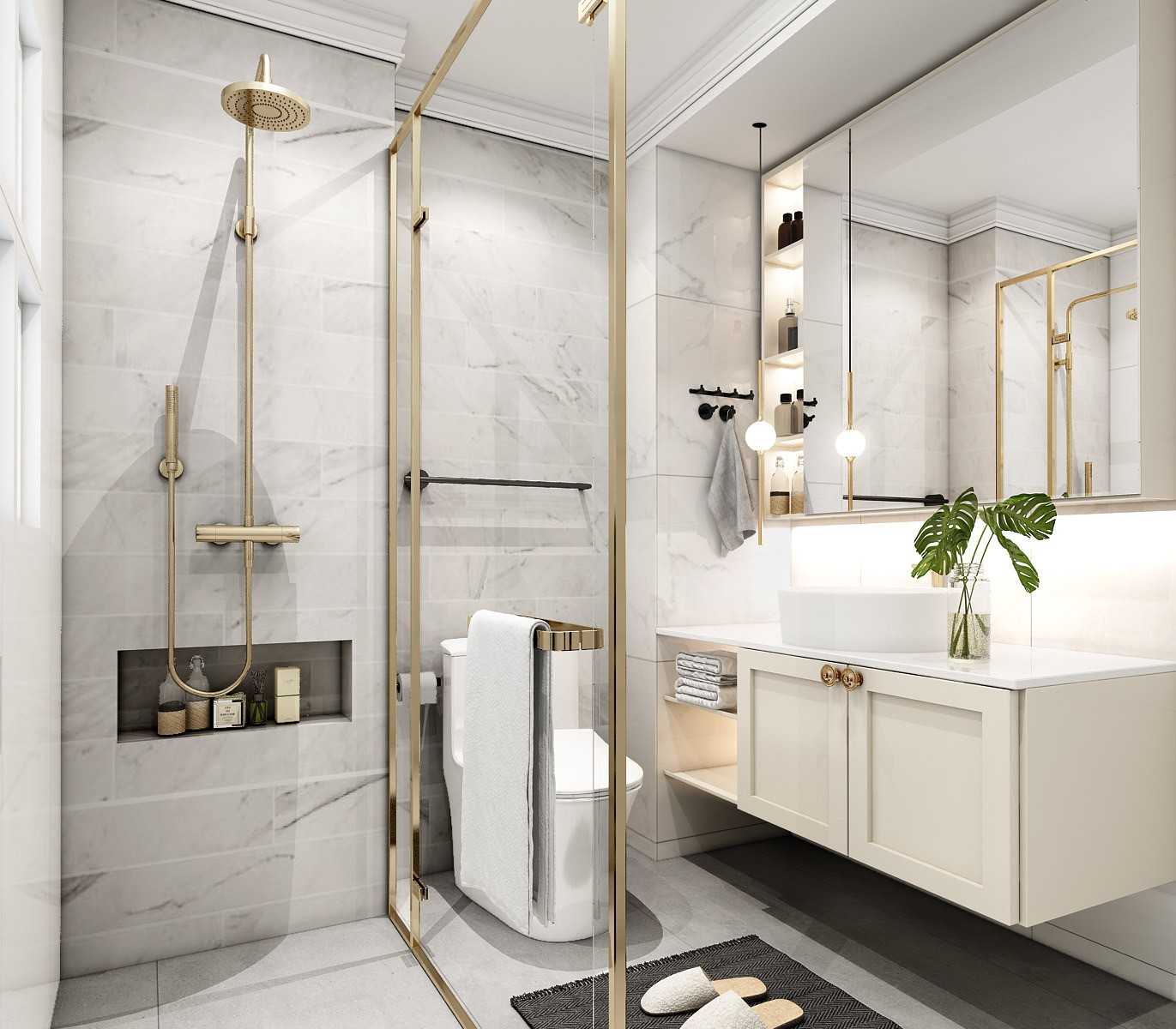 Transitional Bathroom with Homogeneous Tiles and Mirror