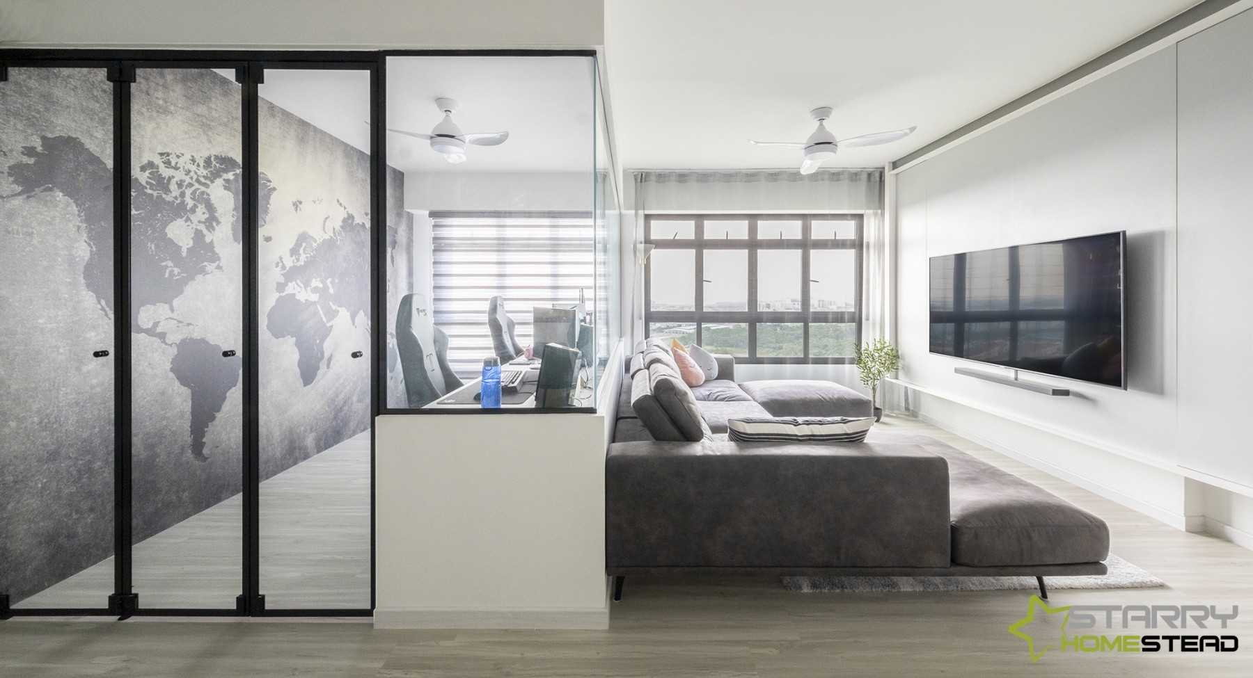 Scandinavian Living Room with Parquet Floor and Carpet