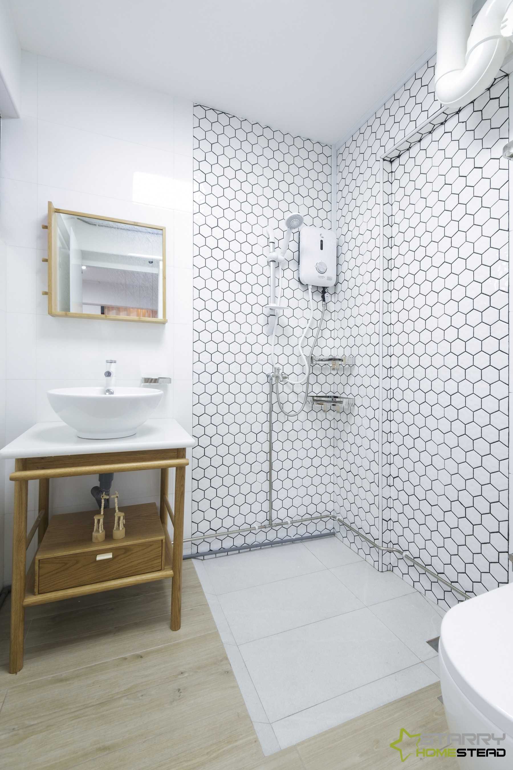 Scandinavian Bathroom with Showers and Flooring