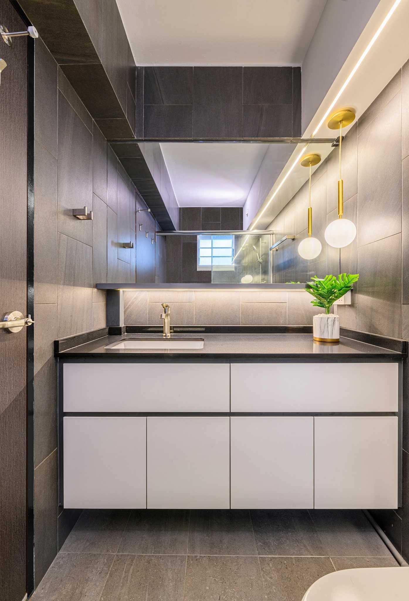 Eclectic Bathroom with Countertop and Herringbone Tiling