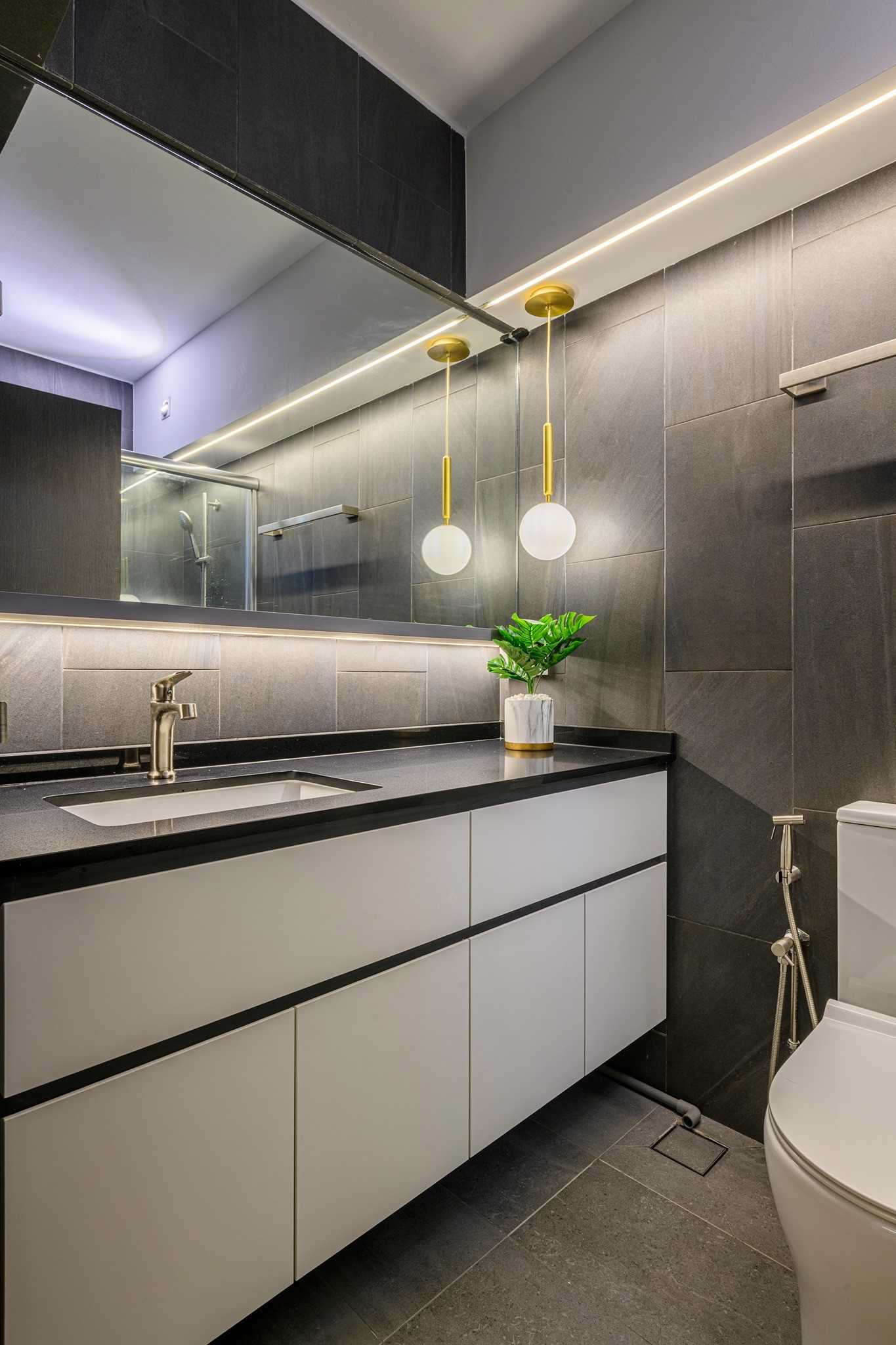Eclectic Bathroom with Countertop and Herringbone Tiling