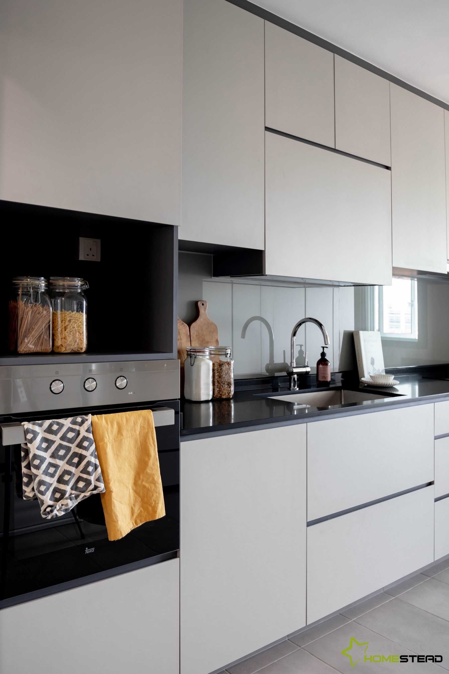 Modern Kitchen with Cement Floor and Kitchen Tap