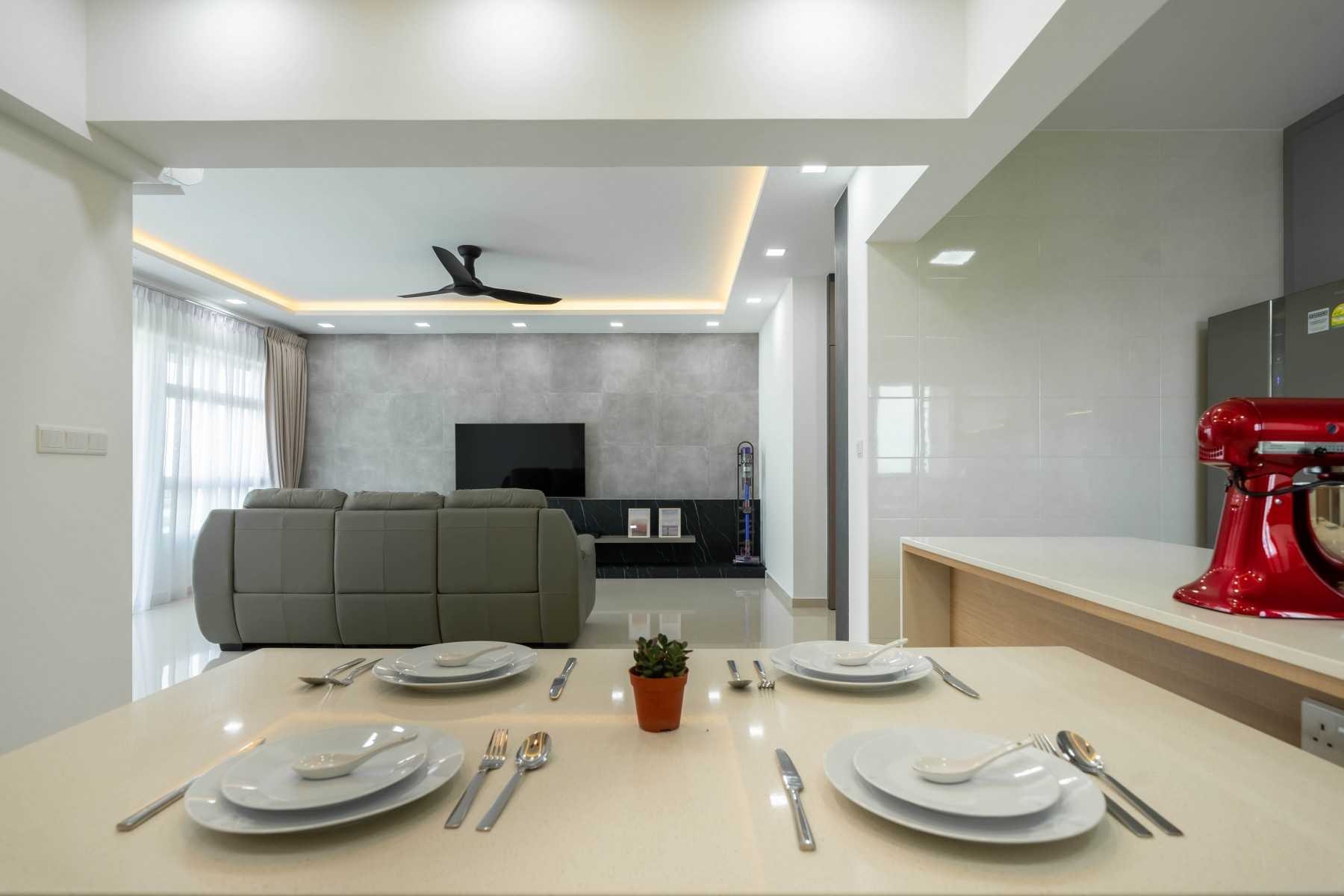 Contemporary Dining Room with Drop Light and Downlights