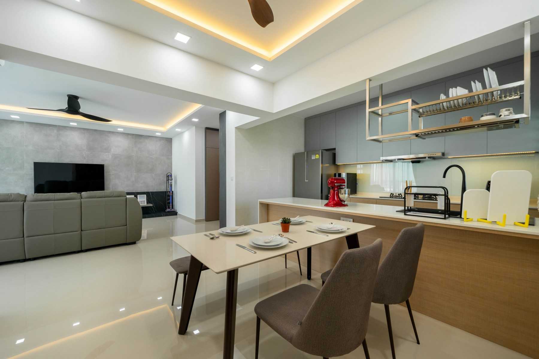 Contemporary Dining Room with Homogeneous Tiles and Cove Lighting