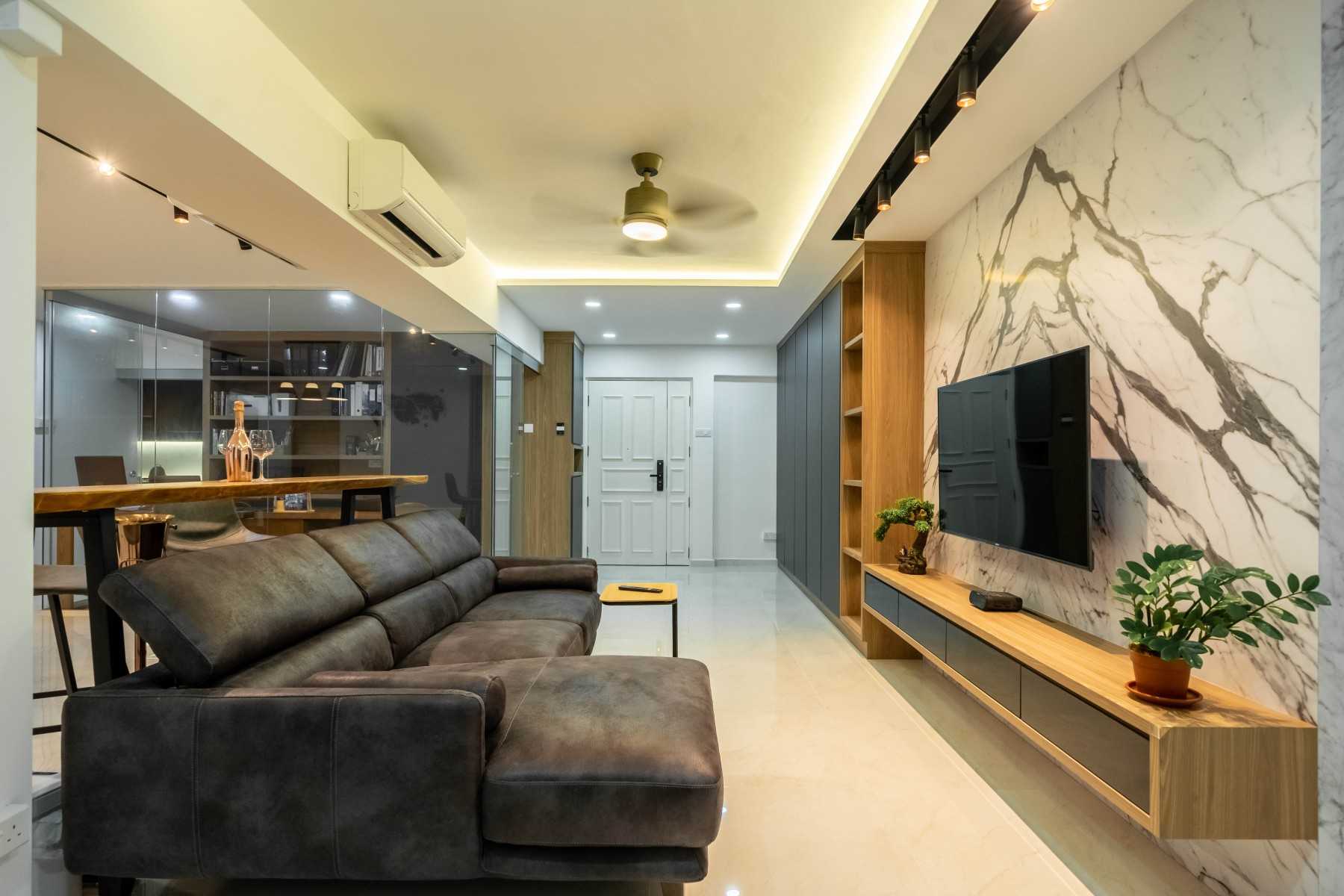 Scandinavian Living Room with TV Console and Feature Wall