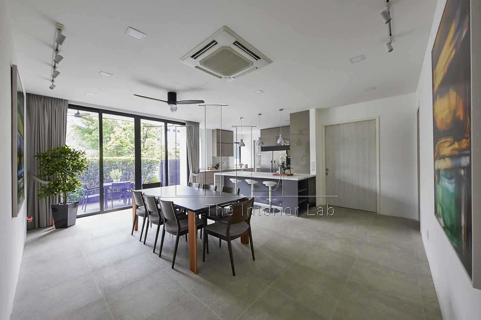 Contemporary Dining Room with Kitchen Island and Open Kitchen
