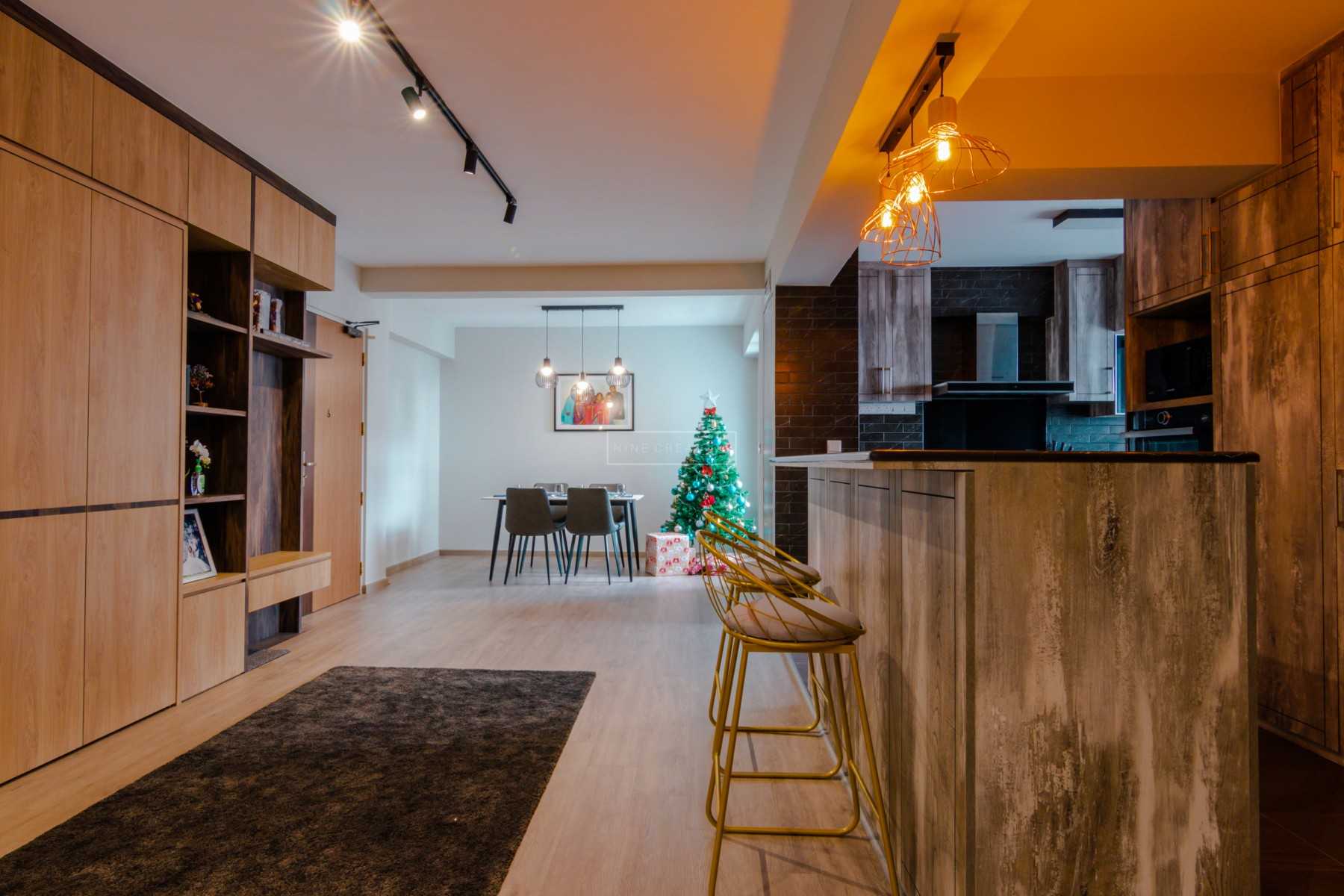 Modern Dining Room with Feature Wall and Open Kitchen