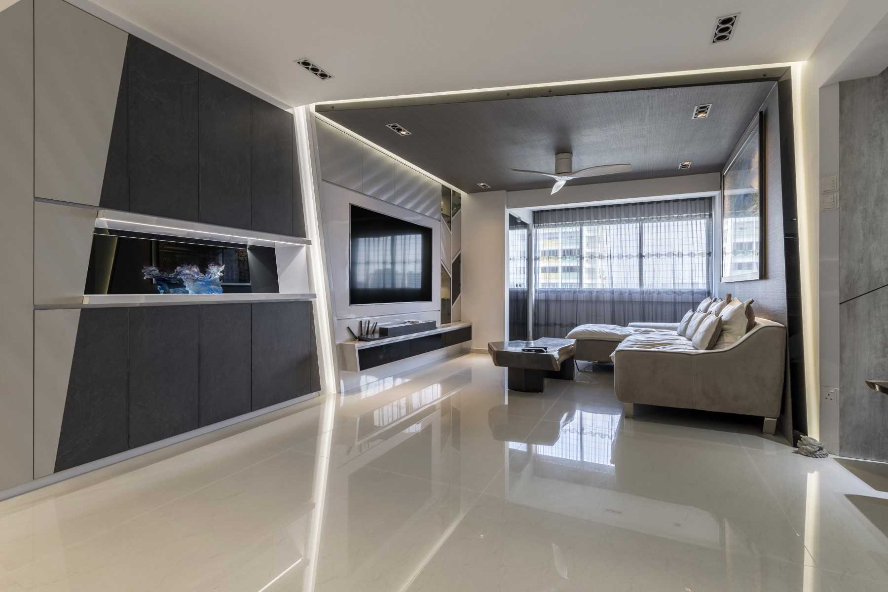Modern Living Room with Homogeneous Tiles and TV Console