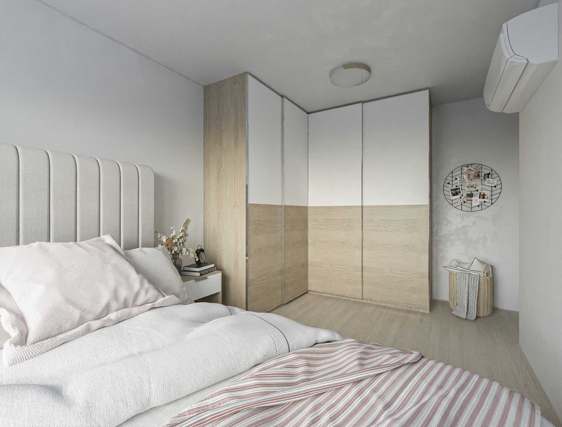 Minimalist Bedroom with Wood Flooring and Queen Bed