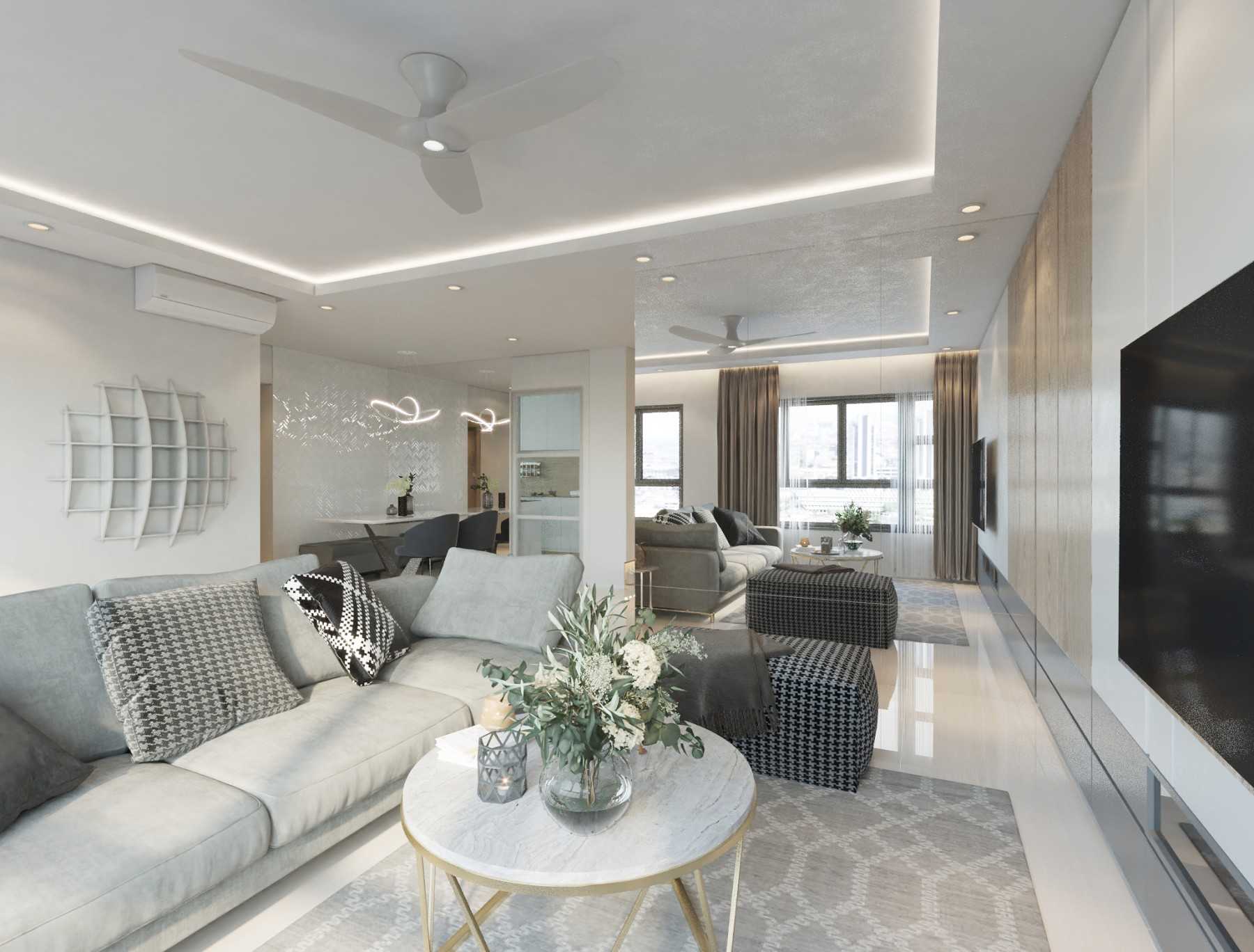Minimalist Living Room with Homogeneous Tiles and TV Console