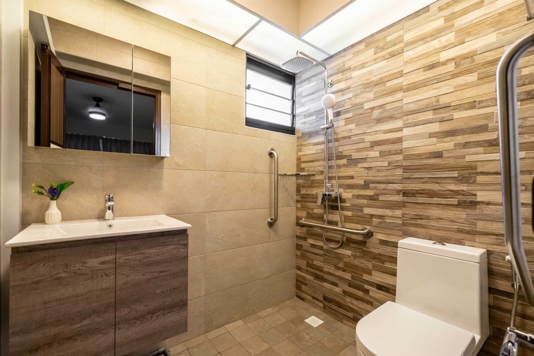 Contemporary Bathroom with Herringbone Tiling and Parquet Floor