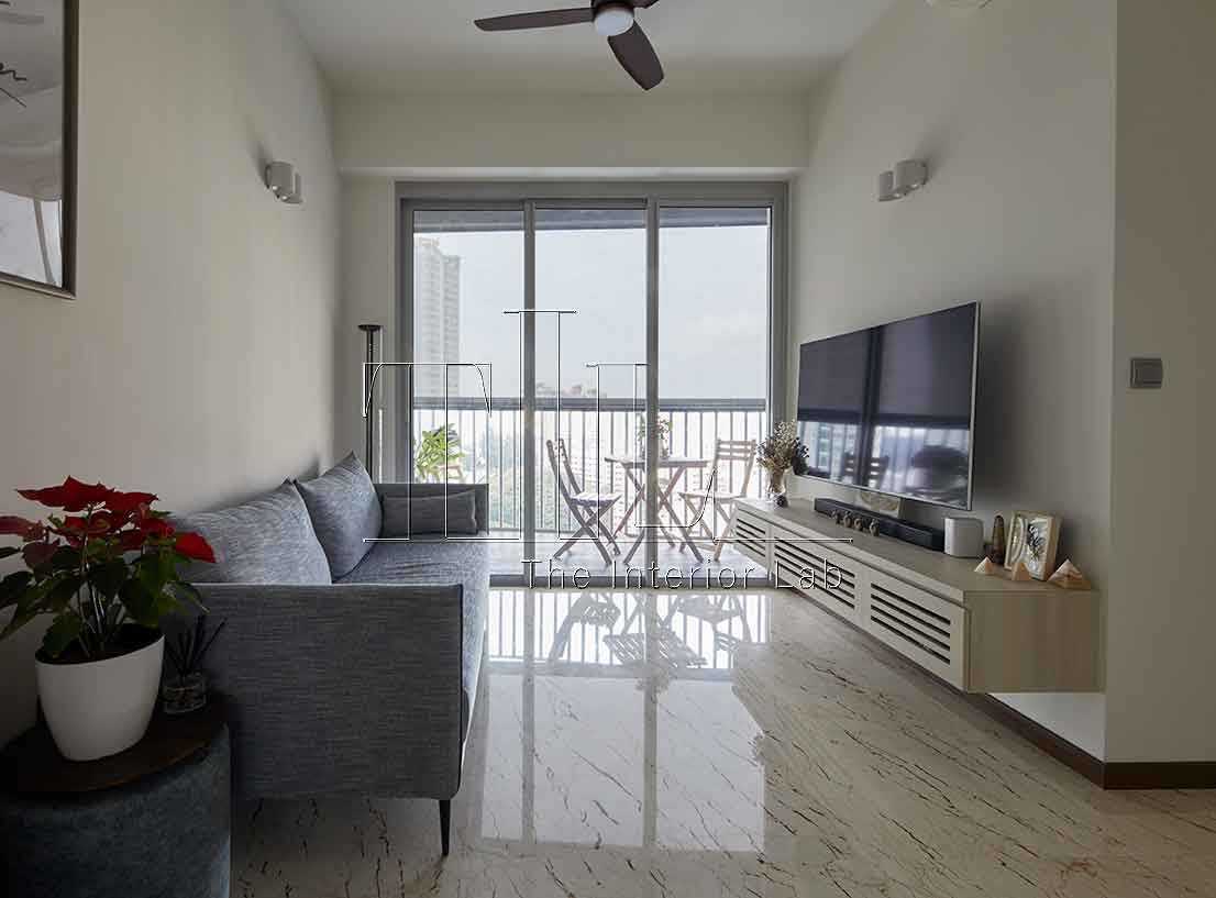 Modern Living Room with Marble Floor and TV Console