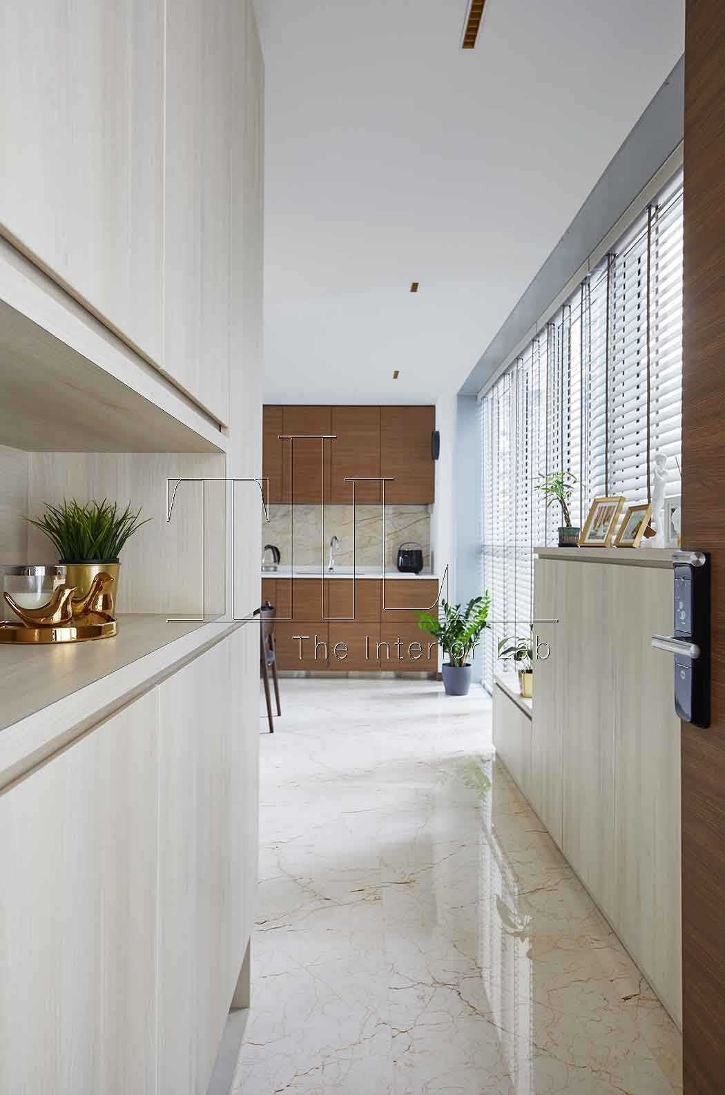Modern Foyer with Marble Floor and Window Shutters