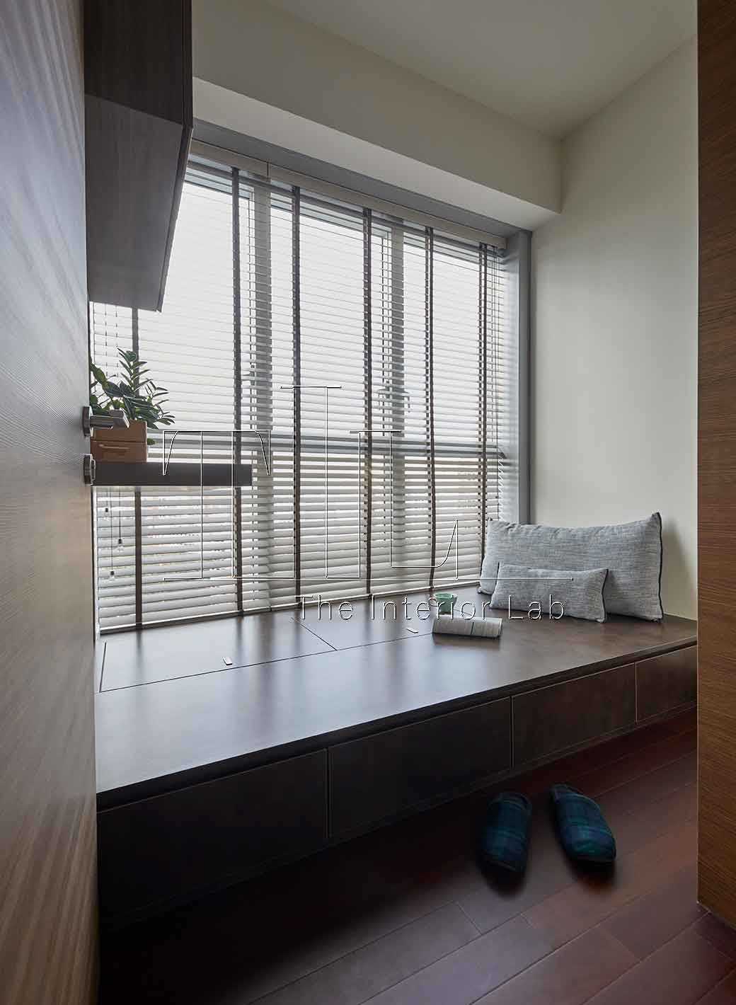 Modern Home Office with Parquet Floor and Window Seat