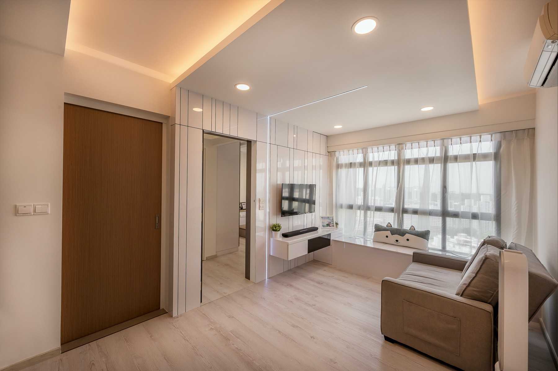 Contemporary Living Room with Vinyl Flooring and Feature Wall