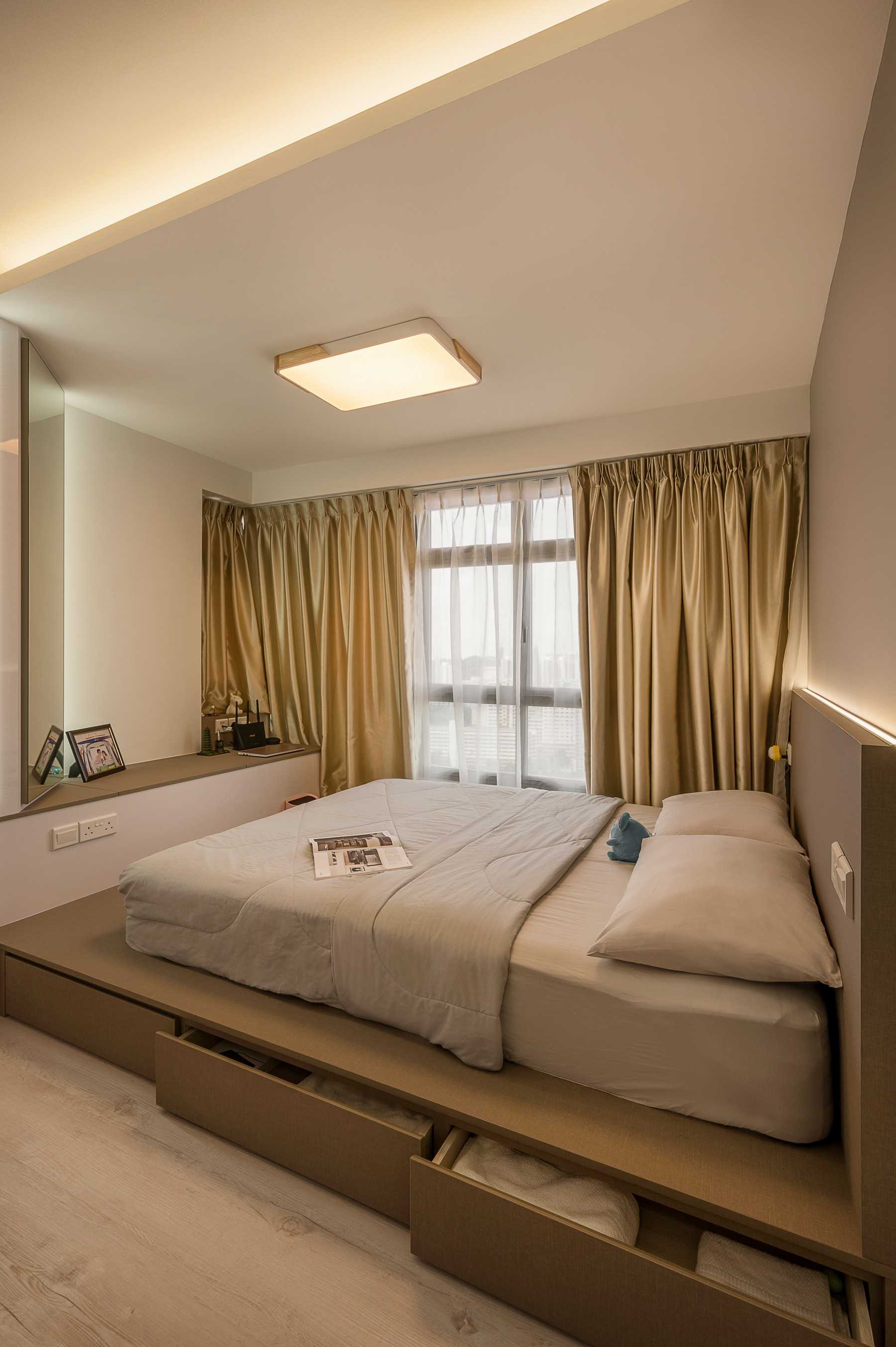 Contemporary Bedroom with Platform Bed and Vinyl Flooring