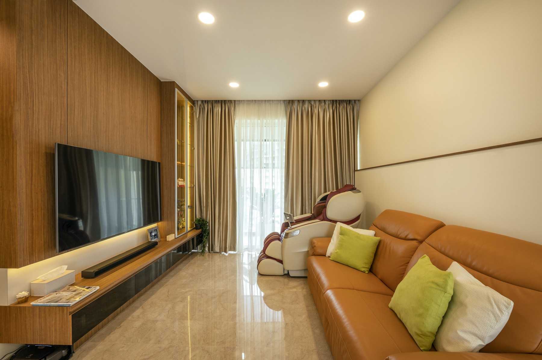 Asian Living Room with Marble Floor and TV Console
