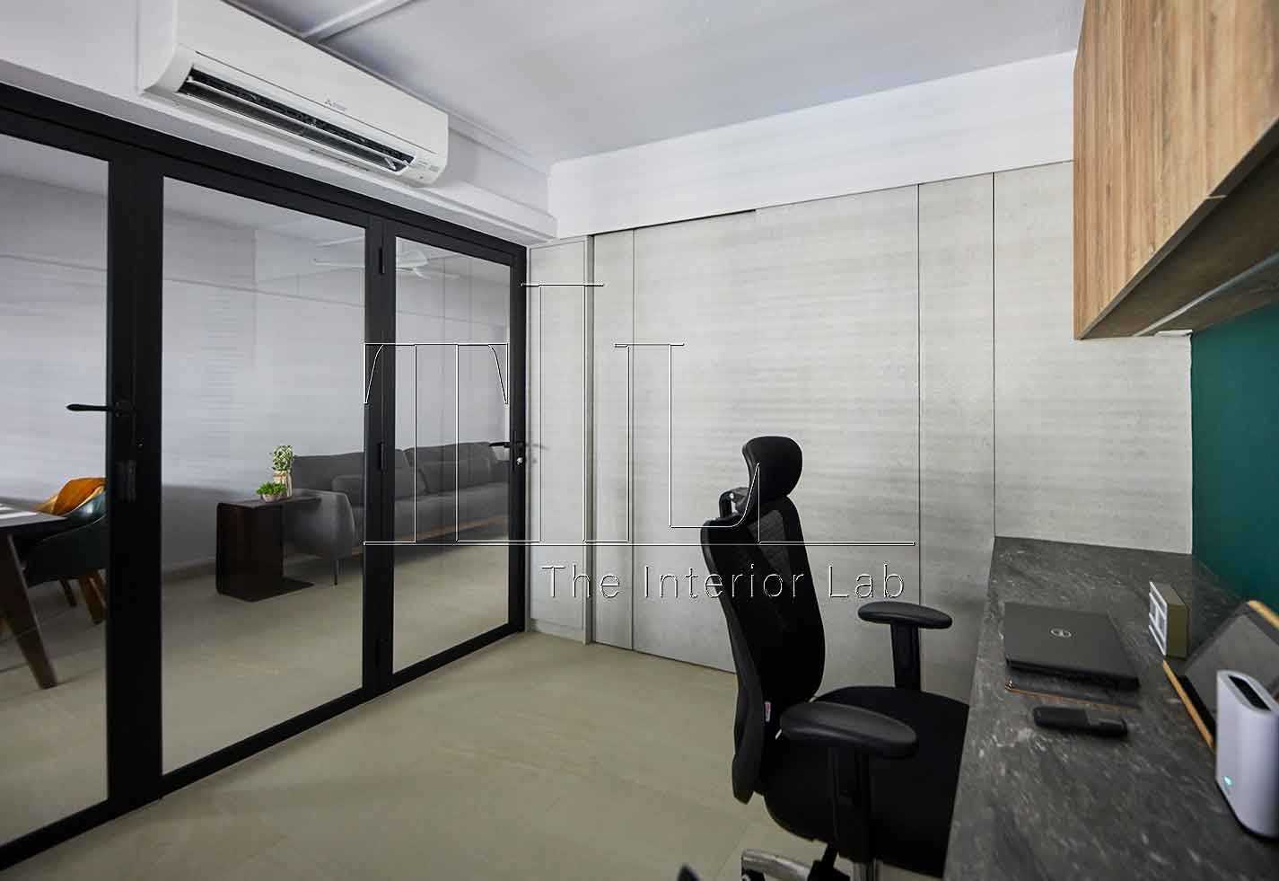 Contemporary Home Office with Homogeneous Tiles and Storage Cabinets