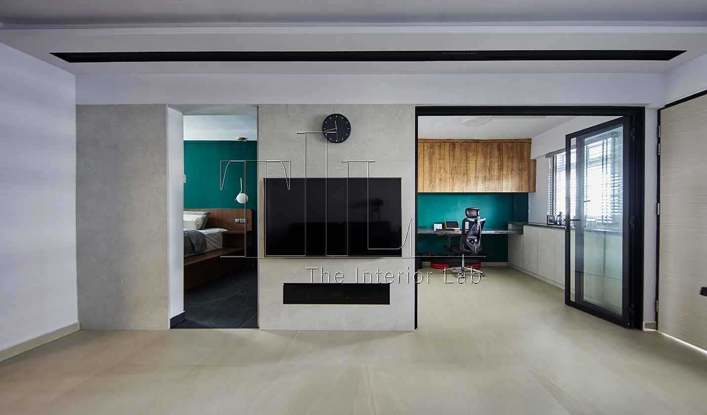 Contemporary Living Room with Homogeneous Tiles and TV Console