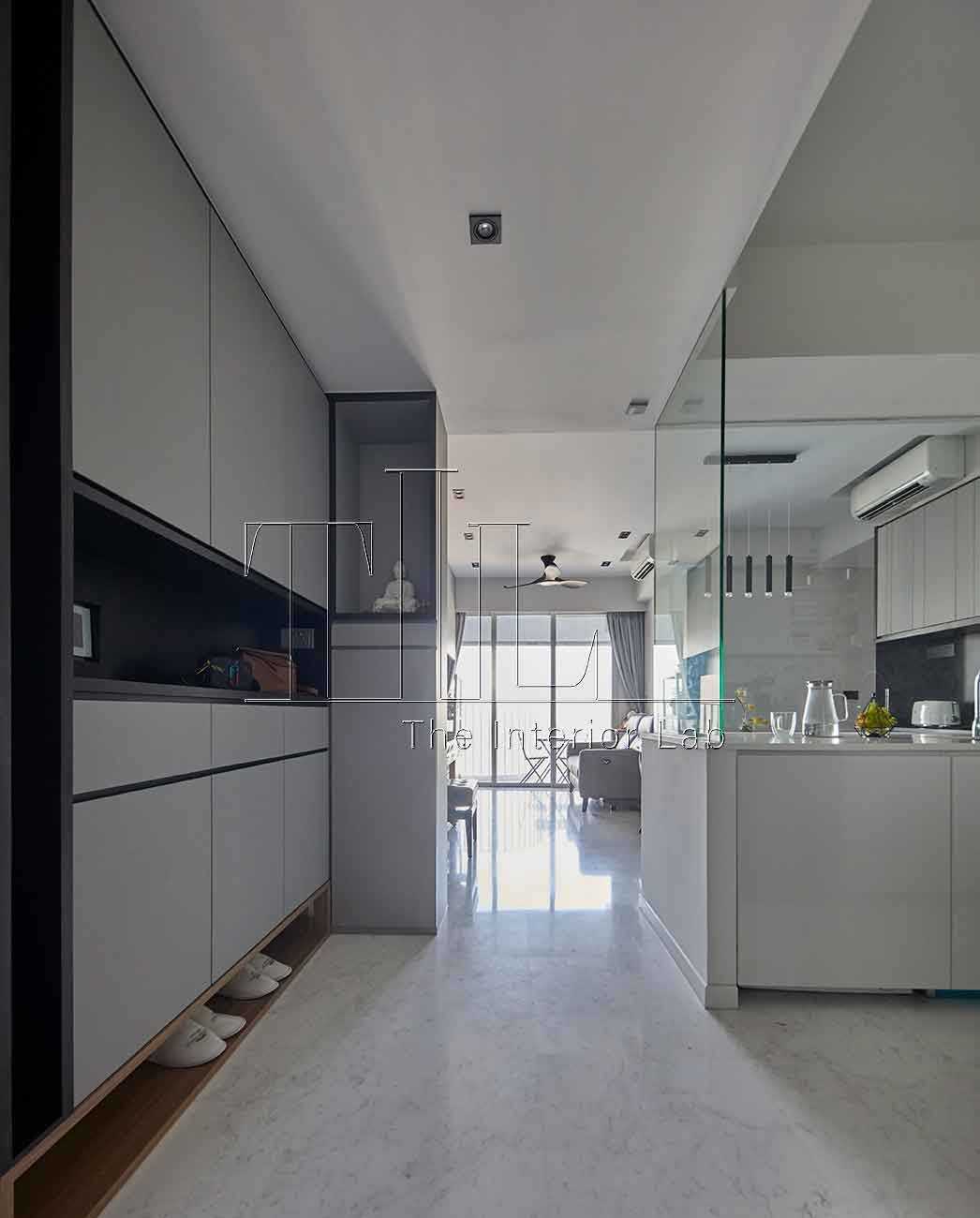 Contemporary Foyer with Countertop and Feature Wall