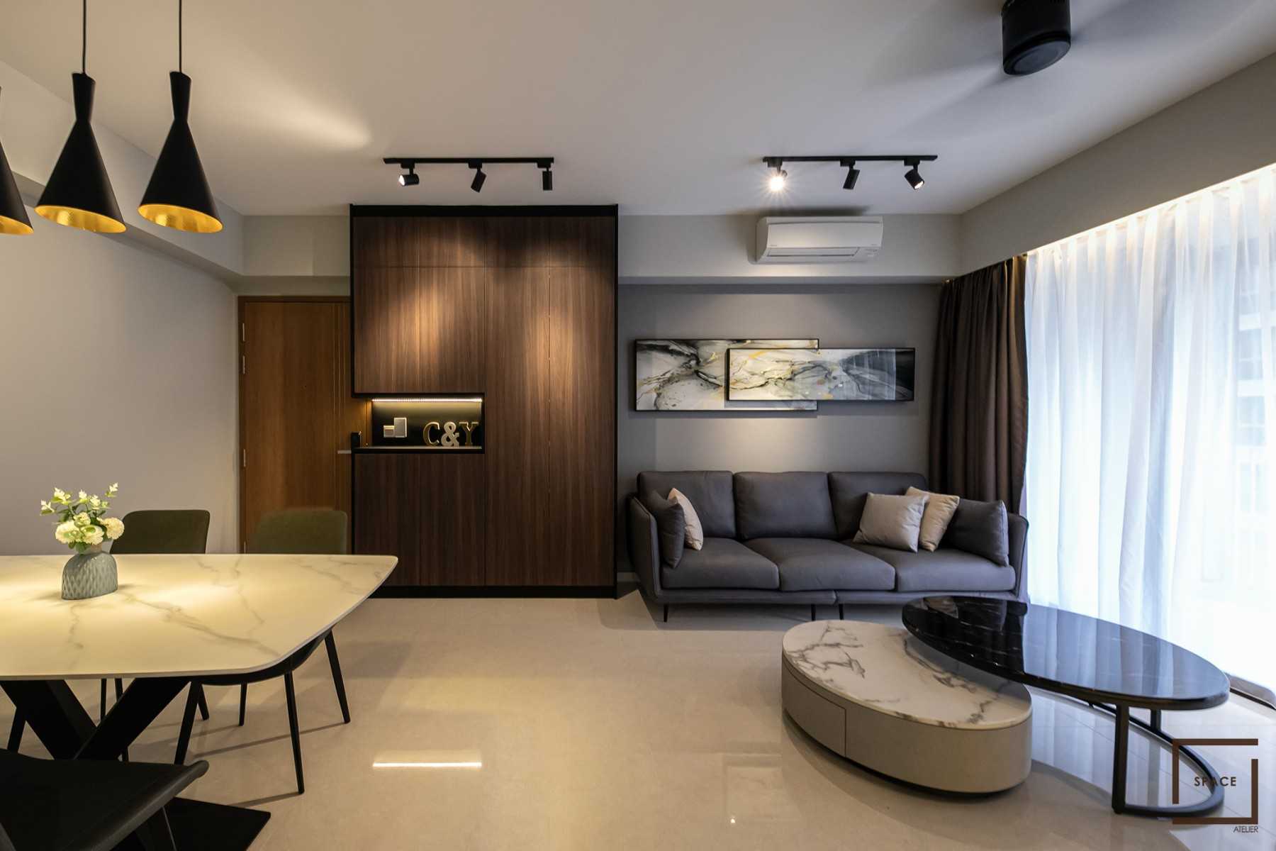 Contemporary Living Room with TV Console and Drop Light