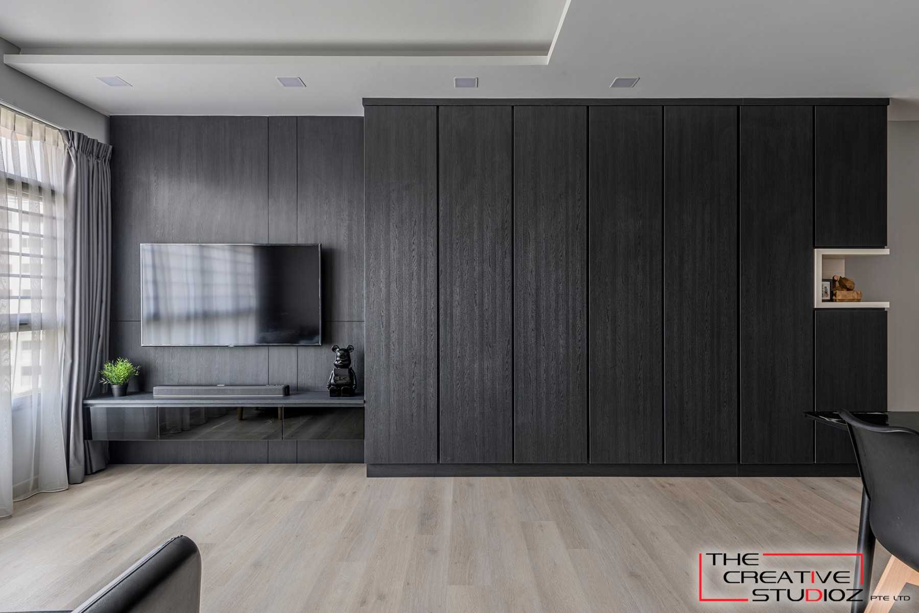 Scandinavian Living Room with TV Console and Feature Wall