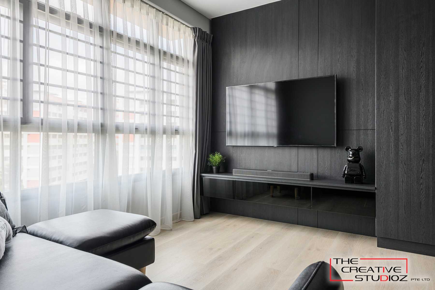Scandinavian Living Room with Wood Flooring and TV Console