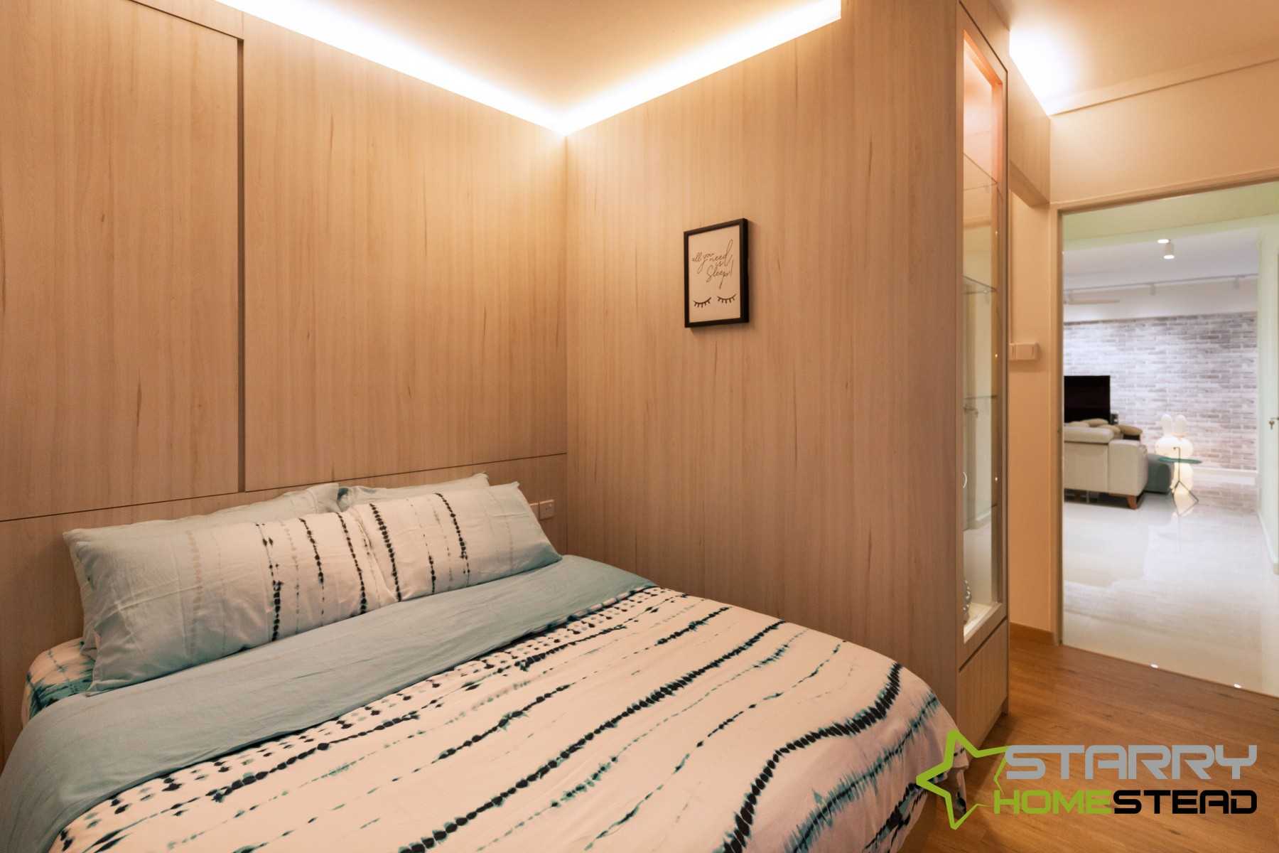 Scandinavian Bedroom with Display Cabinets and Bed