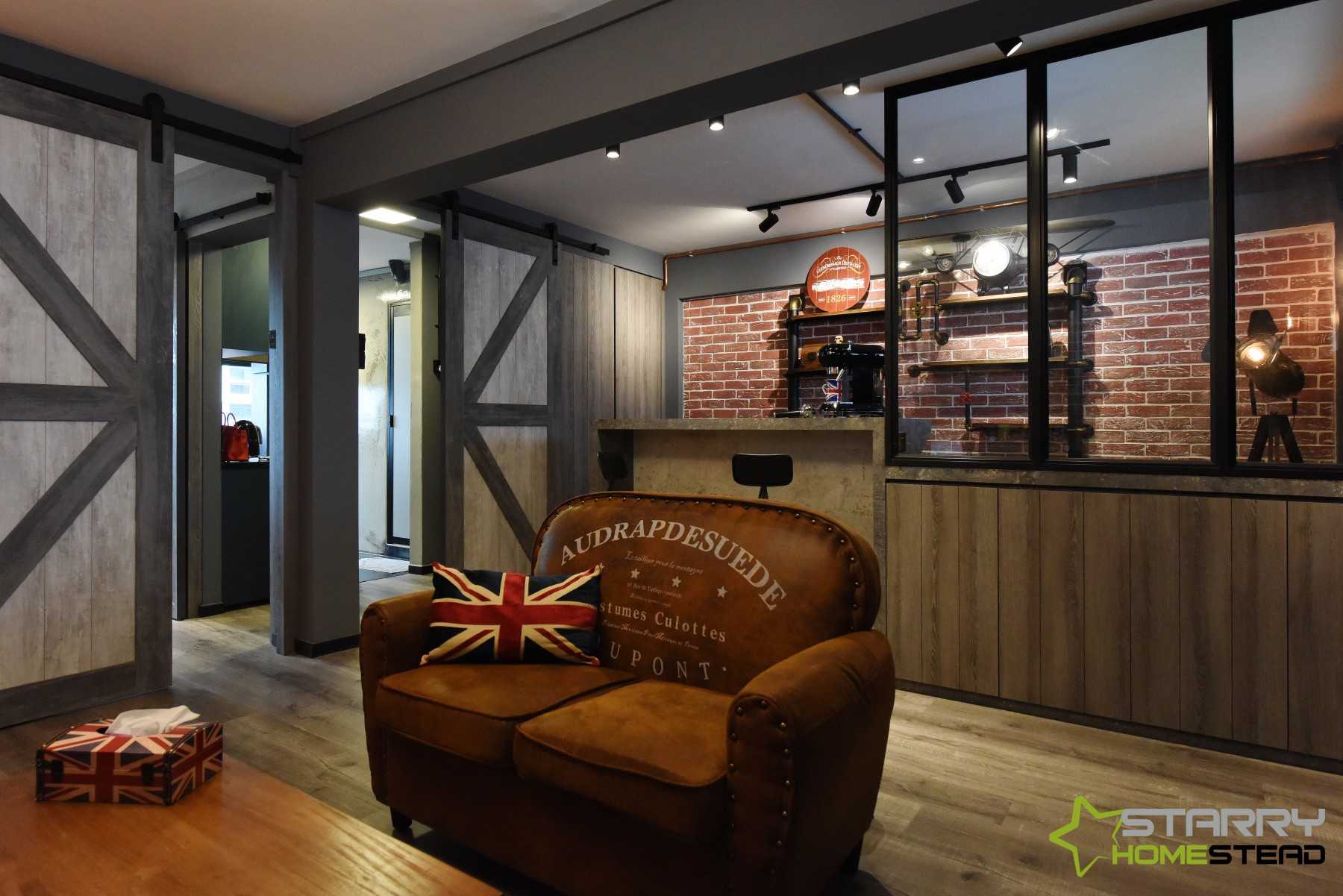 Industrial Living Room with Open Kitchen and Bar Counter