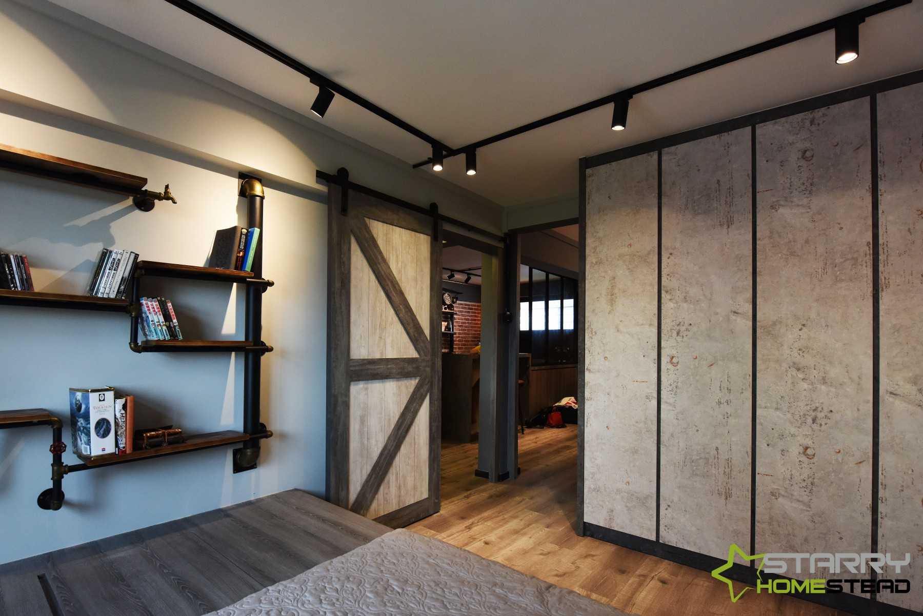 Industrial Bedroom with Platform Bed and Wardrobe