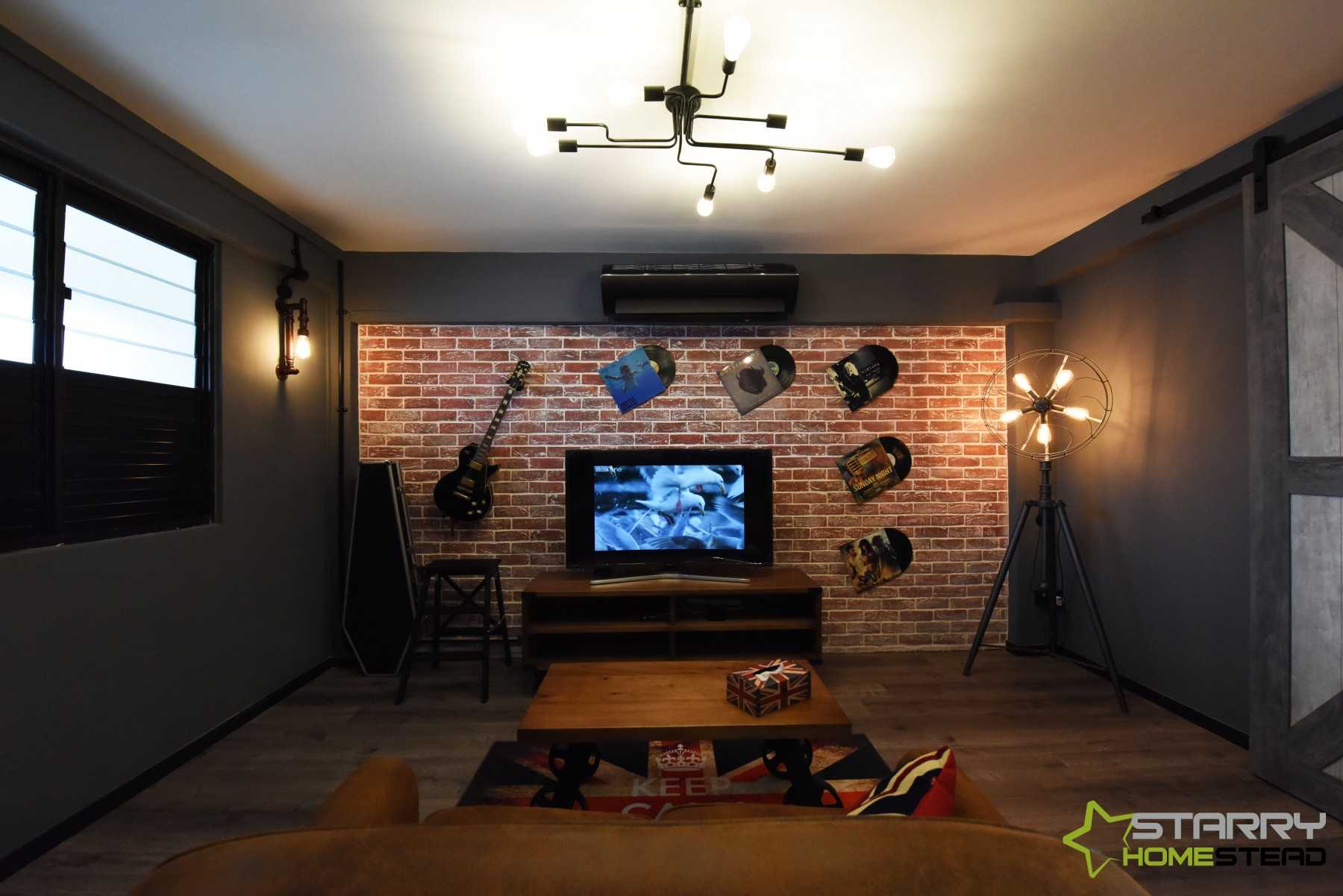 Industrial Living Room with TV Console and Feature Wall