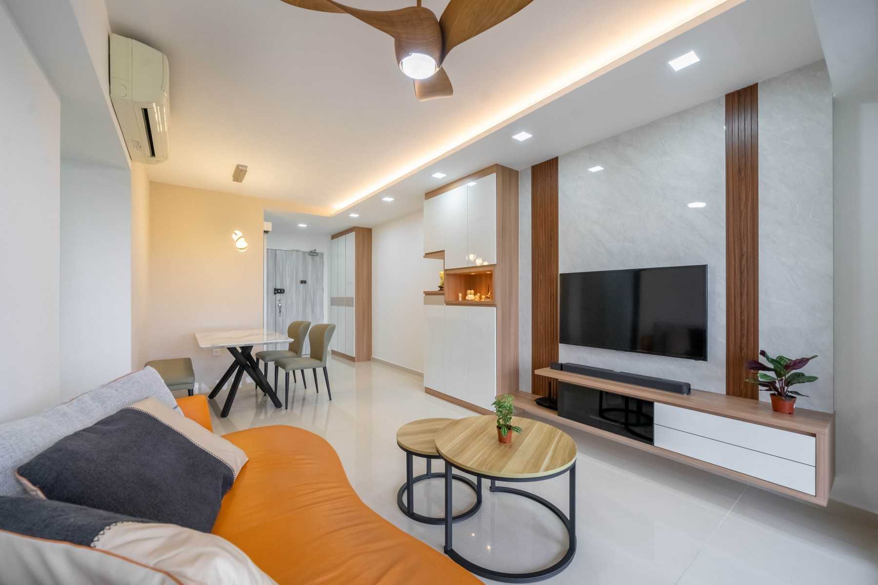 Contemporary Living Room with Homogeneous Tiles and TV Console