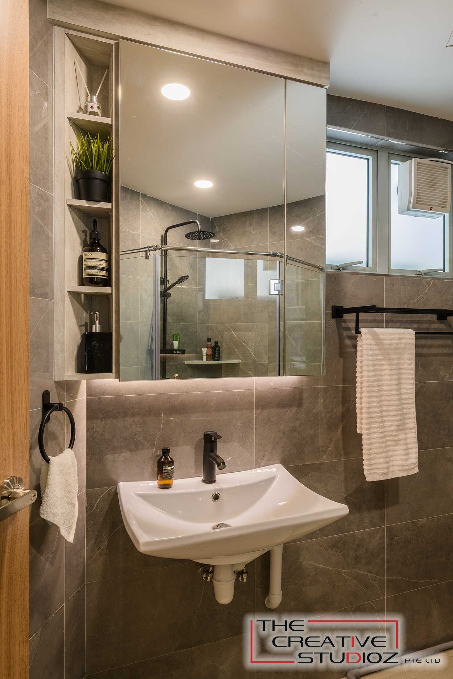 Scandinavian Bathroom with Shower Screen and Bathroom Storage