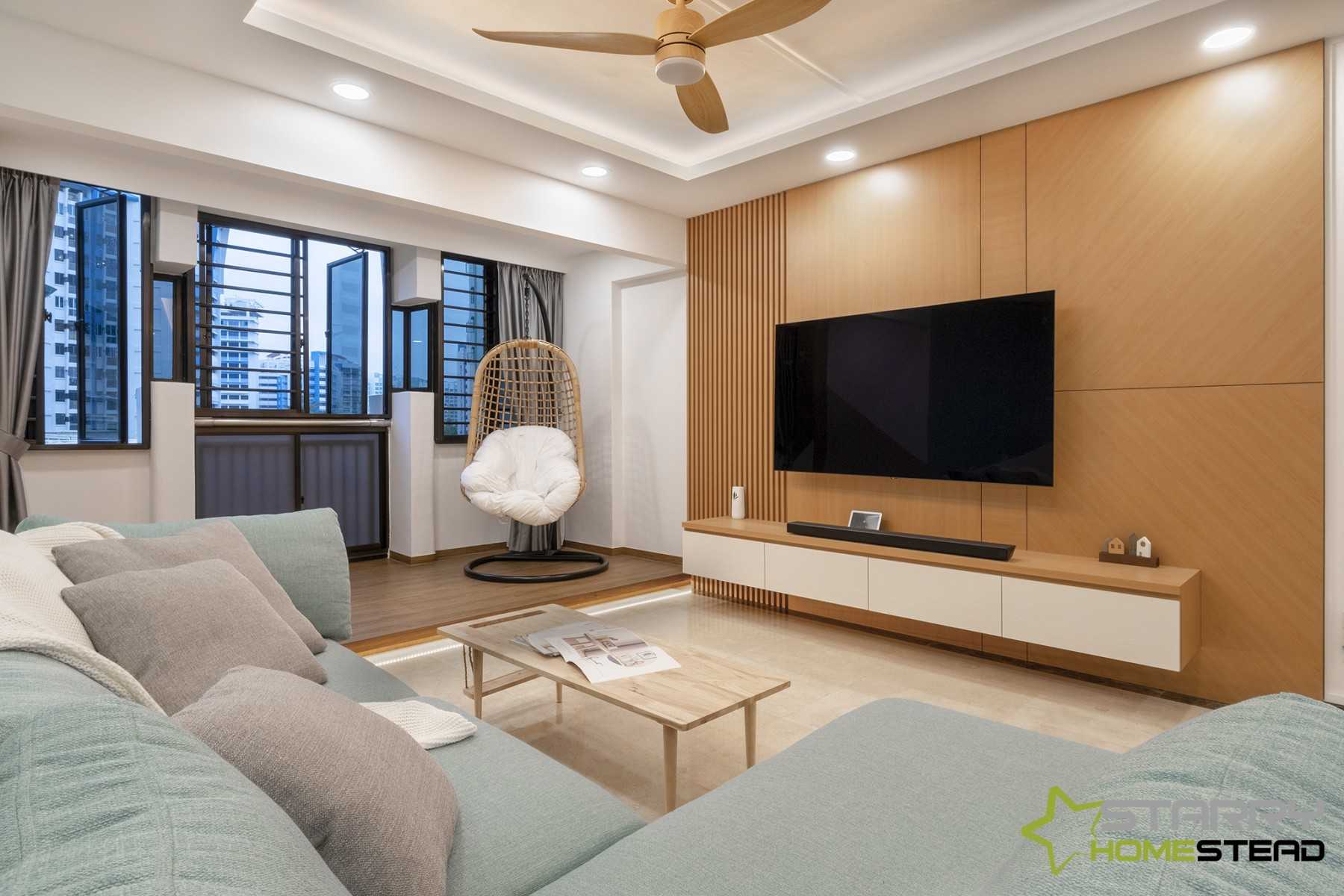 Scandinavian Living Room with TV Console and Feature Wall