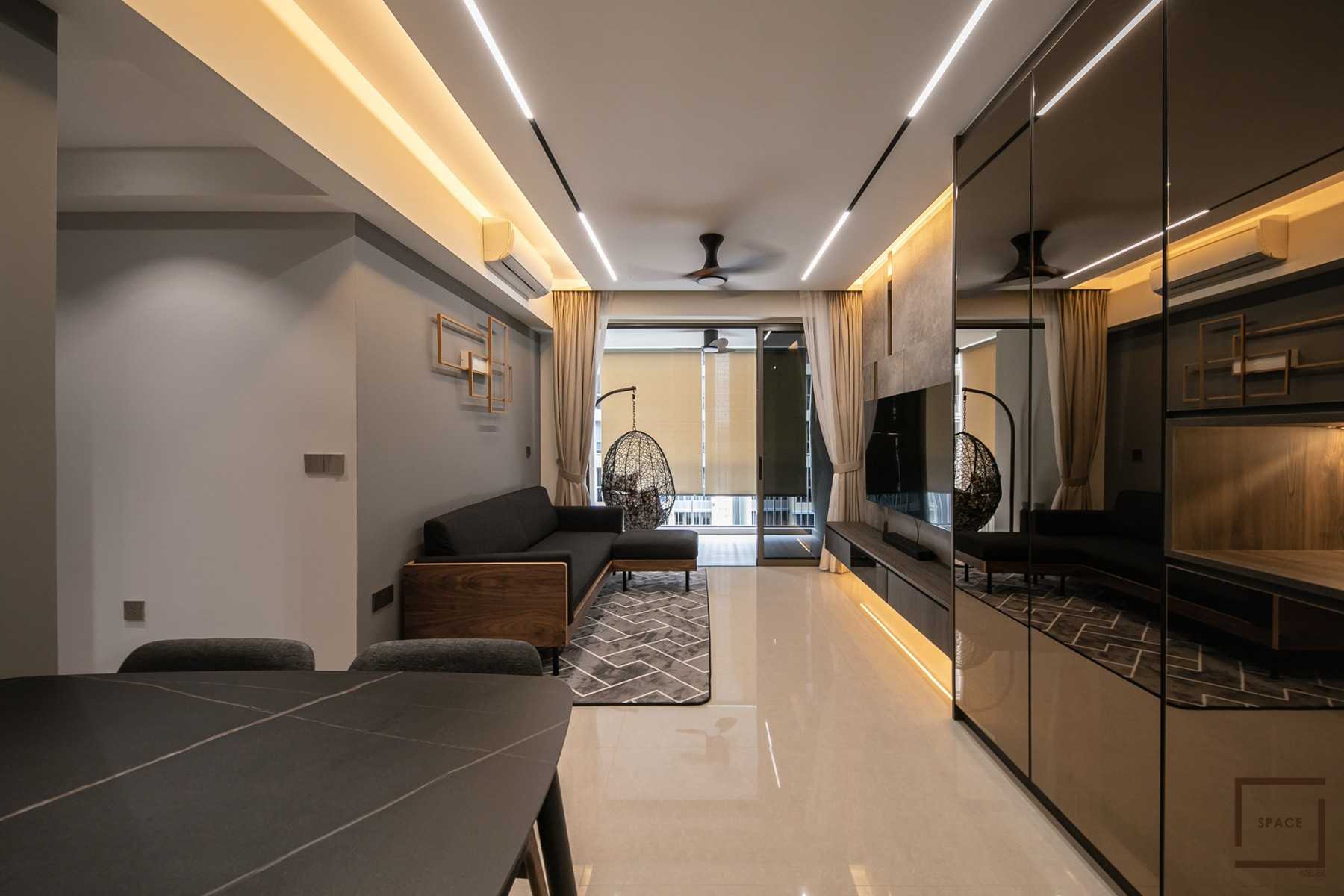 Contemporary Living Room with Homogeneous Tiles and TV Console