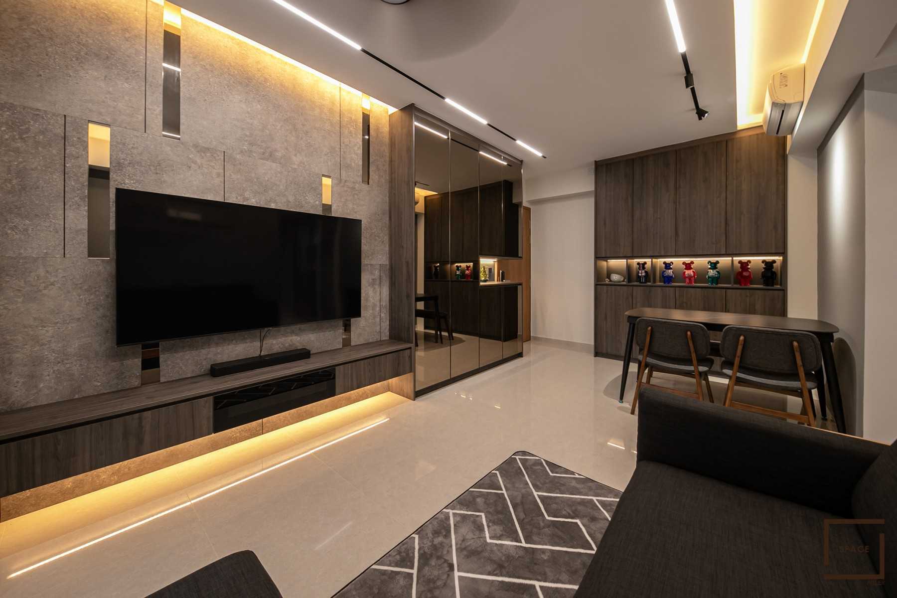 Contemporary Living Room with Homogeneous Tiles and TV Console