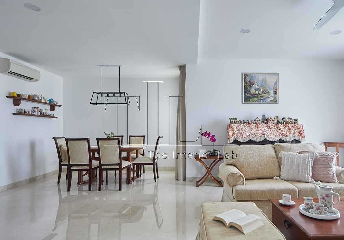 Minimalist Dining Room with Marble Floor and Sofa