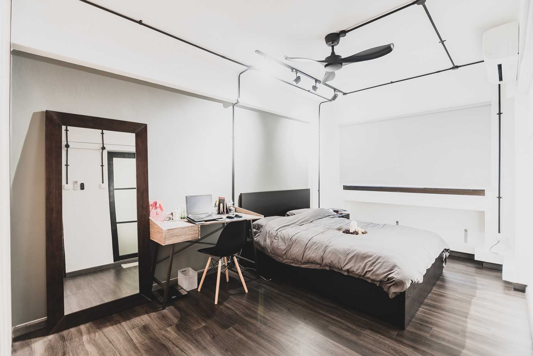 Industrial Bedroom with Vinyl Flooring and Wardrobe