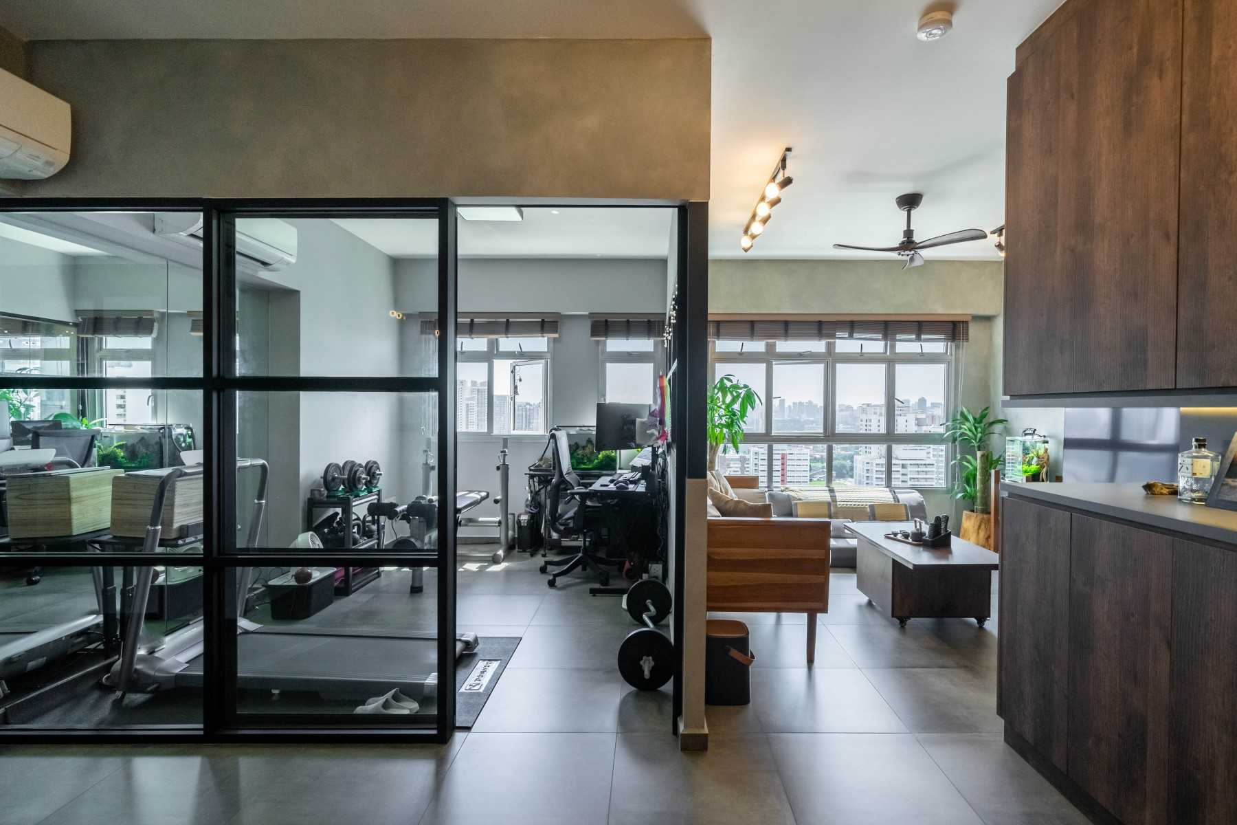Industrial Living Room with Granite Floor and TV Console